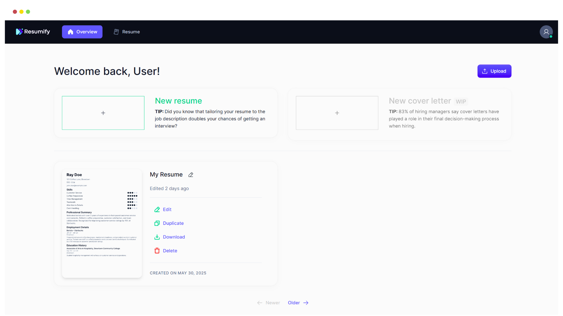 Resumify Dashboard Interface
